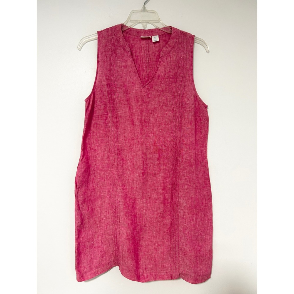 Sigrid Olsen Womens Large Pink 100% Linen Sleeveless Pintuck Shift Dress Pockets